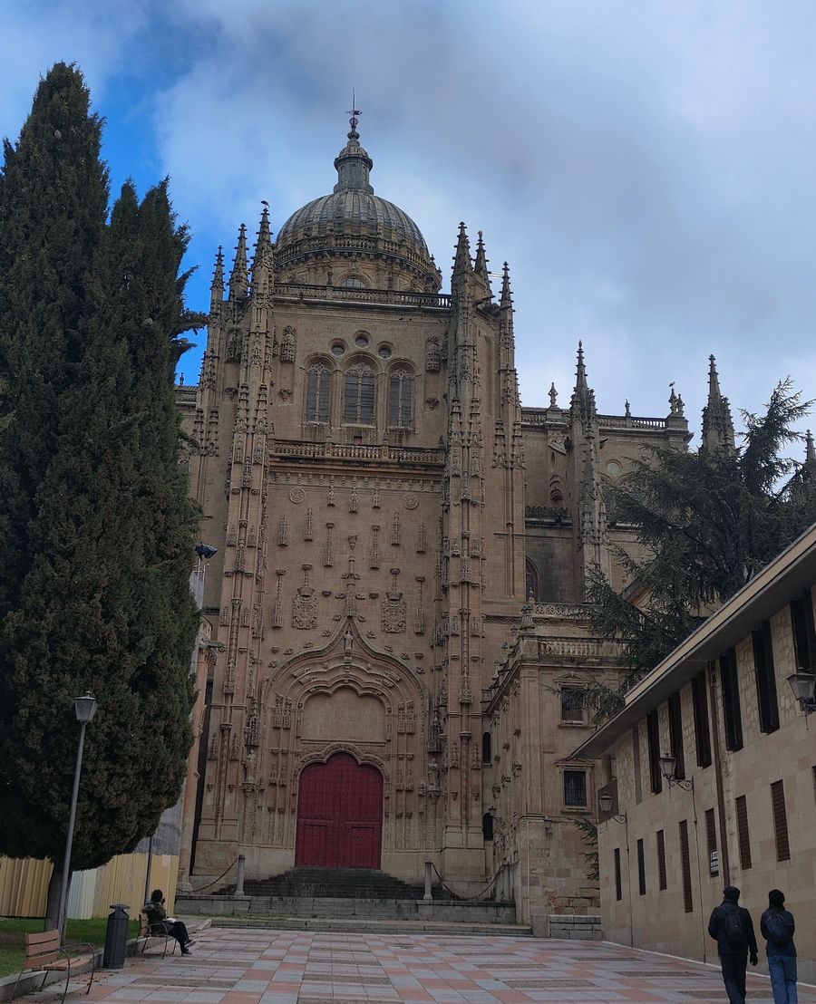 Historic street in Salamanca leading toward the cathedral towers