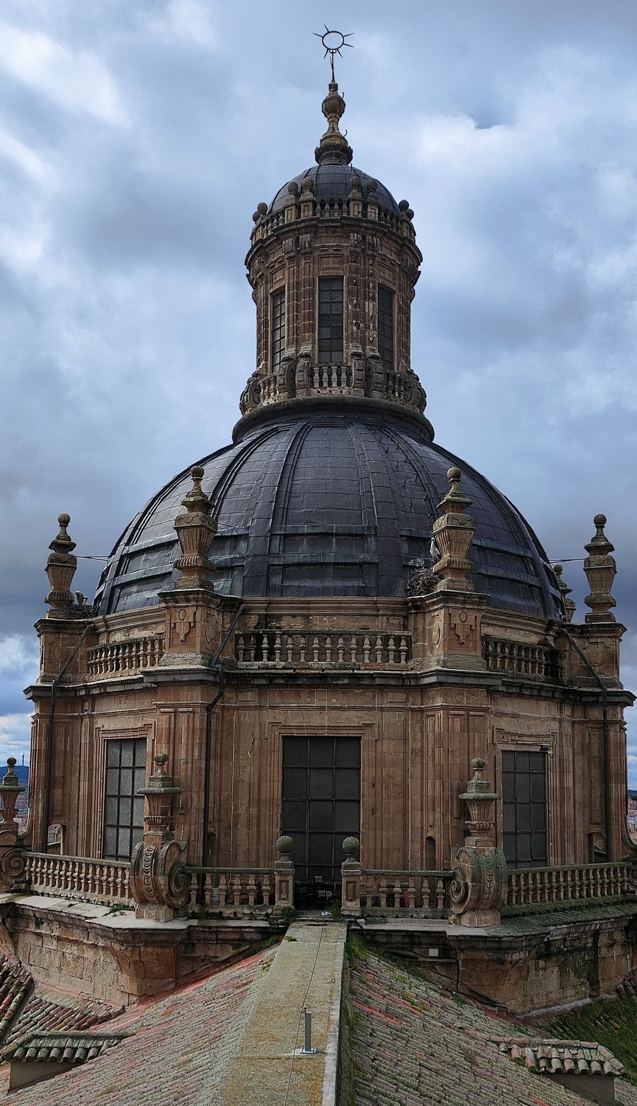 View over Salamanca old town with golden sandstone buildings and cathedral towers